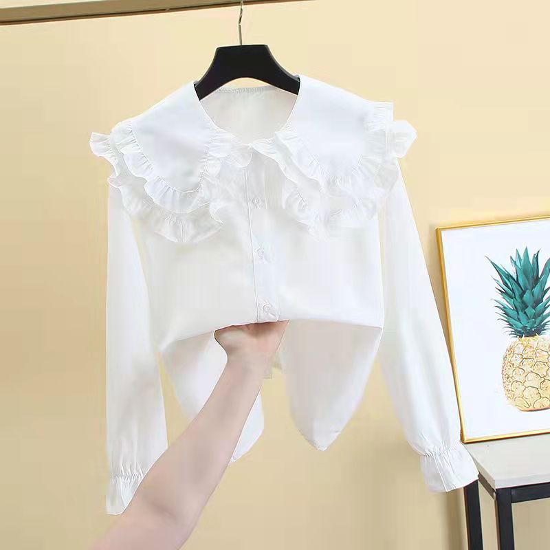 Girls Double Doll Collar Shirt Long Sleeve Elegant White Top