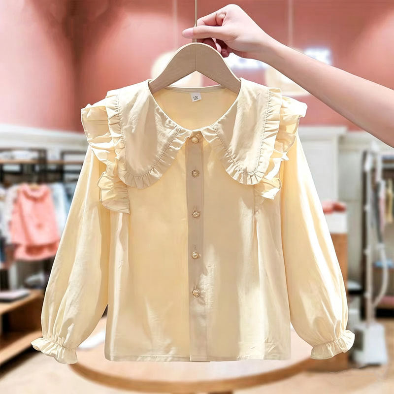Girls Pure Cotton Lace Collar Shirt Long Sleeve Casual Top