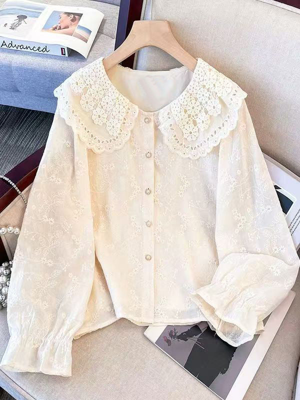 Girls Cotton Lace Doll Collar Shirt Long Sleeve Princess Top