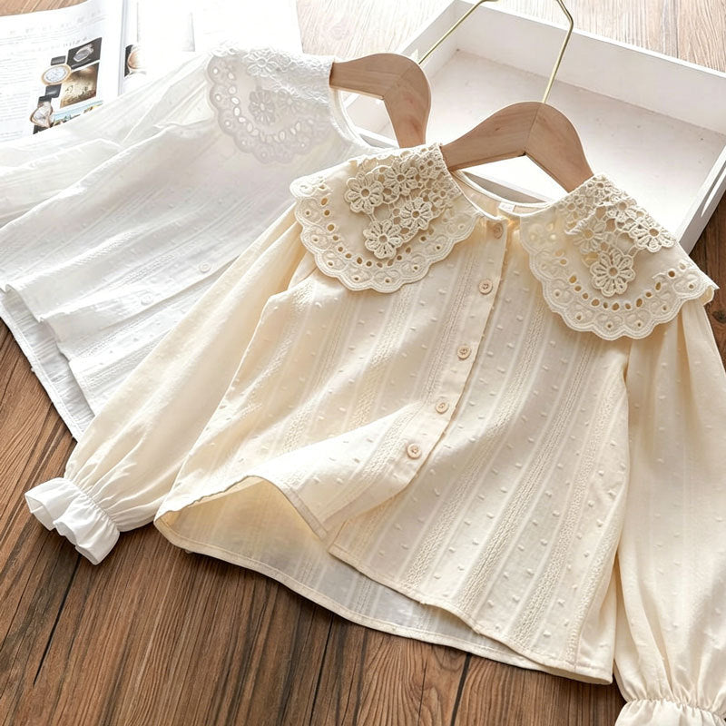 Girls Cotton Lace Collar Shirt Long Sleeve Casual Korean Style Top