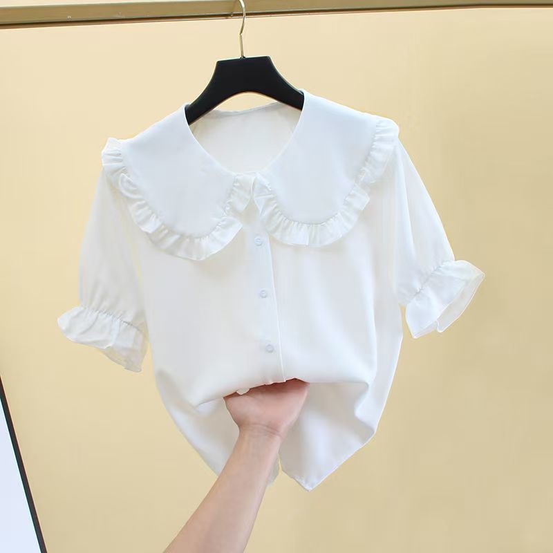 Girls White Cotton Short Sleeve Square Collar Summer Shirt