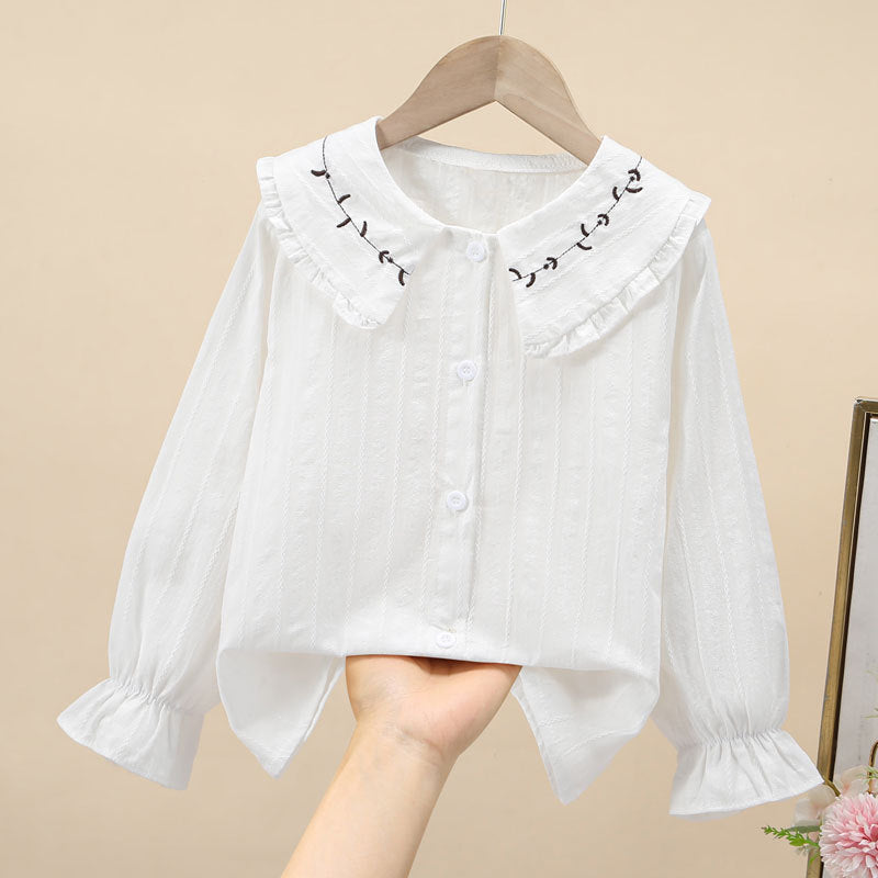 Girls Cotton Doll Collar White Shirt Long Sleeve Casual Top