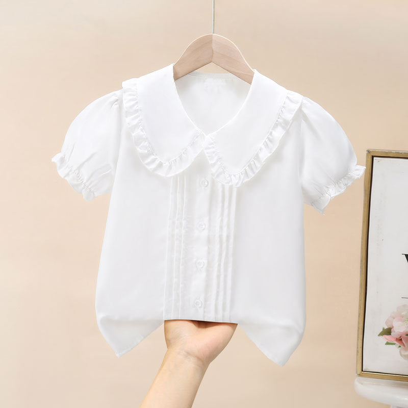 Girls Preppy White Short Sleeve Shirt Casual School Uniform Top