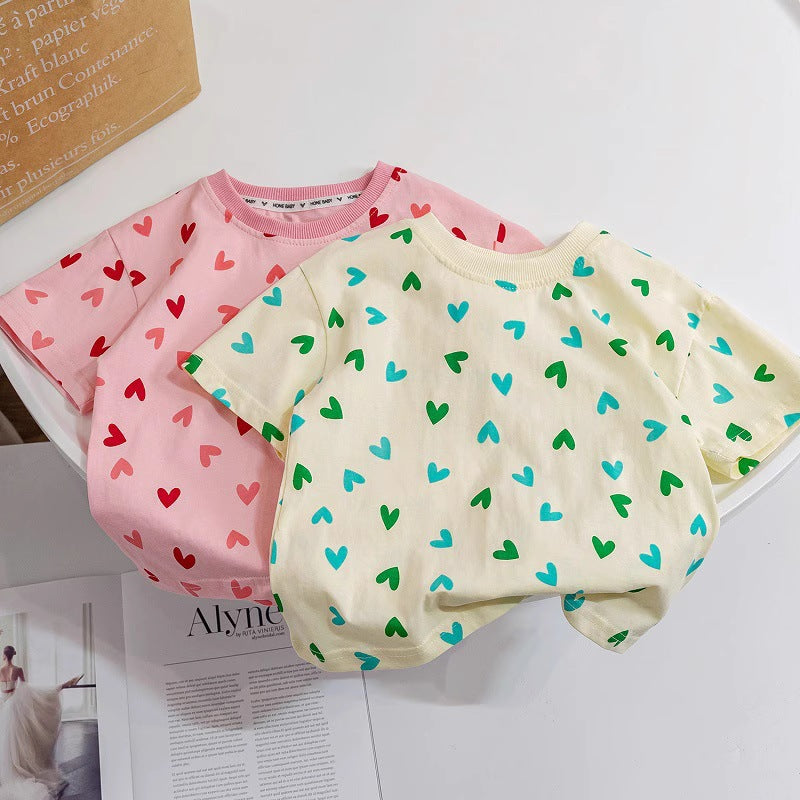 Girls Cotton Heart Print Loose Fit Casual Short Sleeve T-Shirt