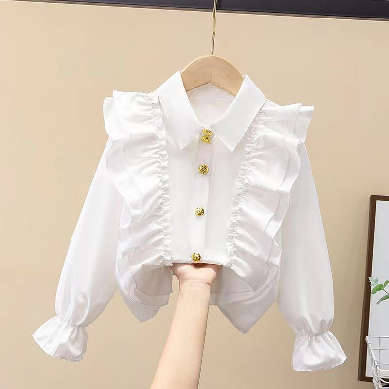 Girls Lace Square Collar Long Sleeve White Casual Shirt Top