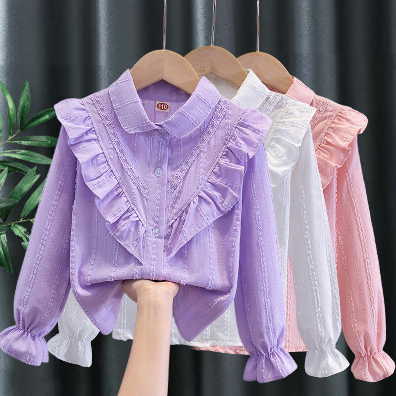 Girls Cotton Long Sleeve Shirt Lace Collar Casual Spring Top