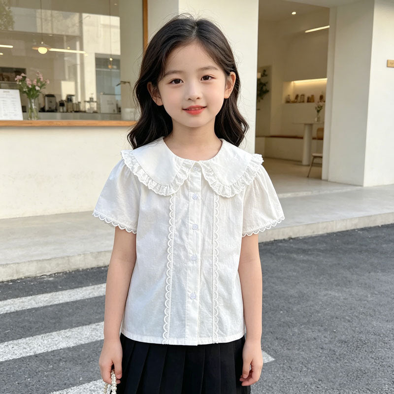 Girls Cotton Doll Collar White Shirt Short Sleeve Casual Top