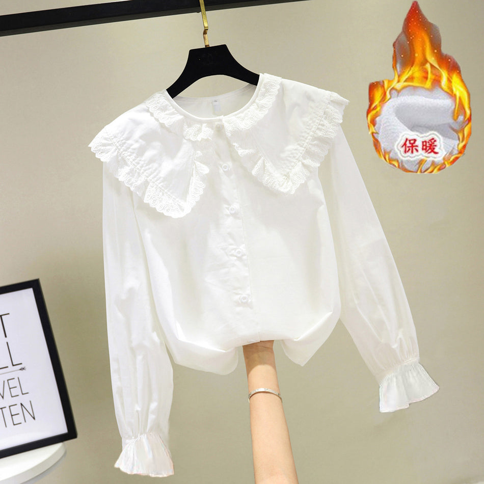 Girls Fleece-Lined Lace Doll Collar Shirt Long Sleeve Top
