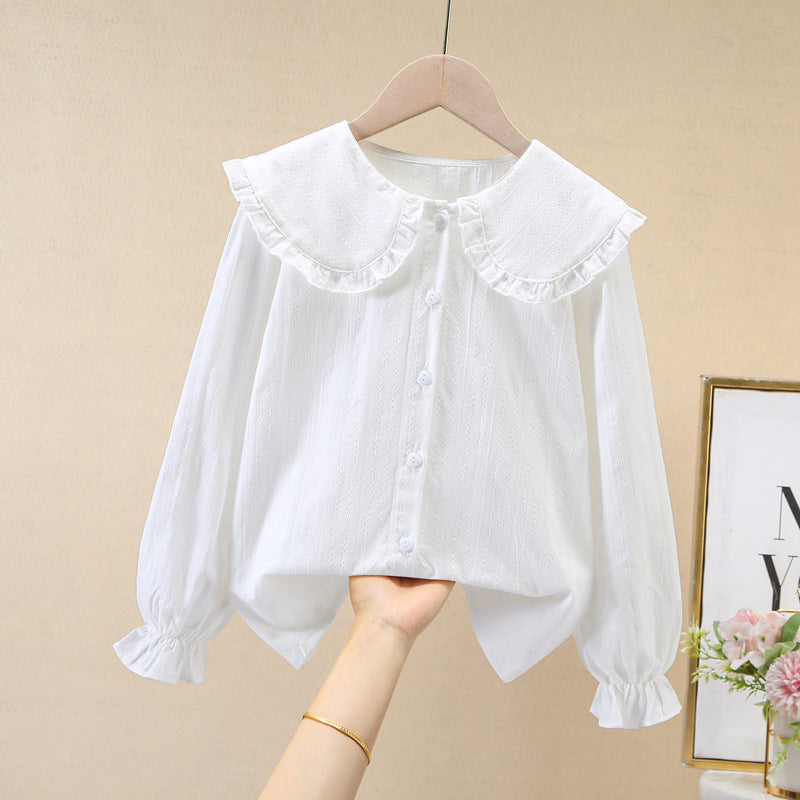 Girls Cotton Lace Doll Collar White Shirt Long Sleeve Top