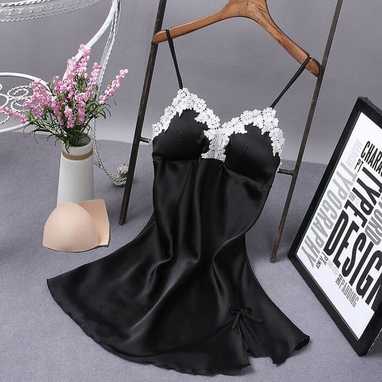Lace Trim Silk Satin Deep V Nightdress with Side Slit