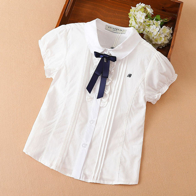 Girls Cotton Bow Lapel Shirt Short Sleeve Korean Style Top