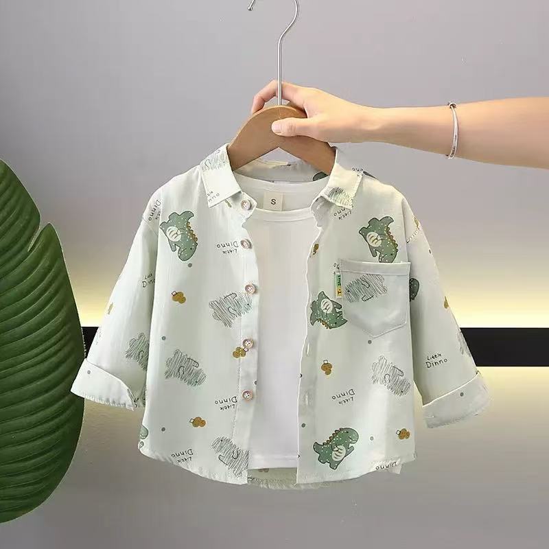Boys Cotton Dinosaur Shirt Long Sleeve Casual Korean Style Top