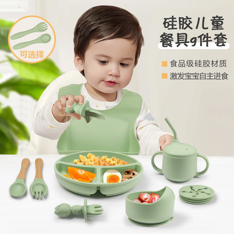 9-Piece Baby Silicone Feeding Set Spoon Bowl Bib Plate