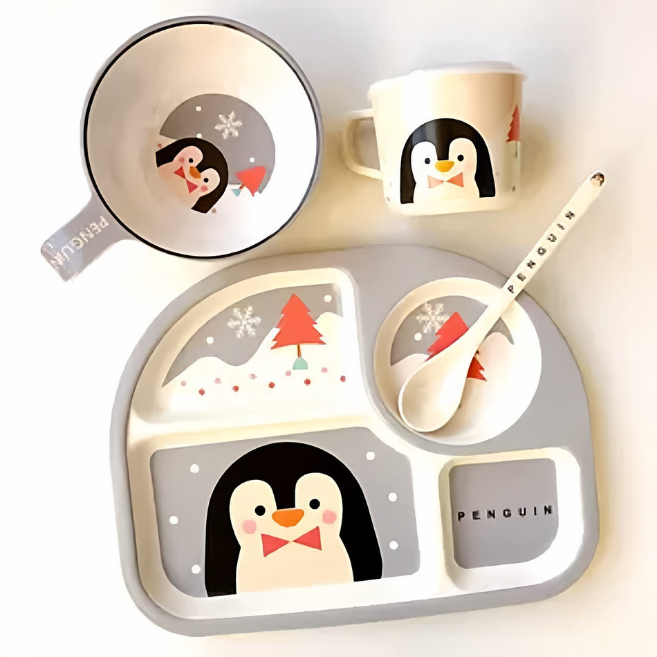 Bamboo Fiber Kids Feeding Set Cartoon Penguin Tableware Bowl Plate Cup Set