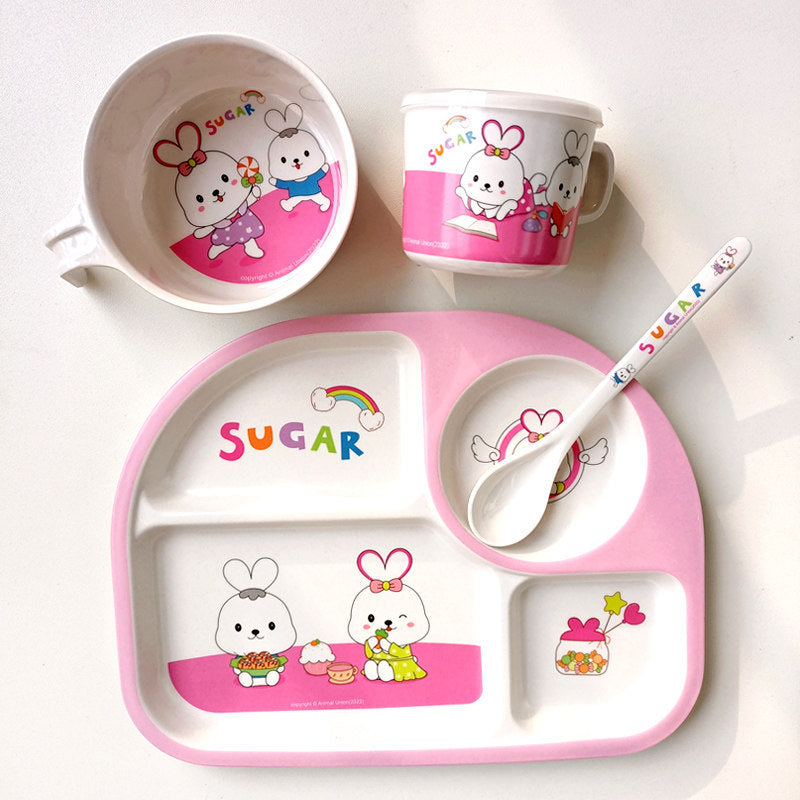 Bamboo Fiber Kids Dinner Set Rabbit Plate Bowl Cup Spoon Set