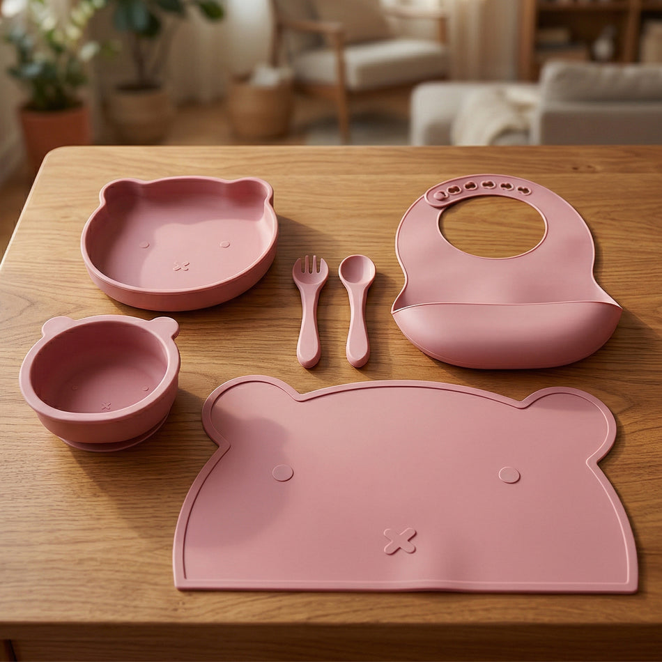 Baby Silicone Feeding Set 6-Piece Morandi Tableware Bowl Spoon Plate Set