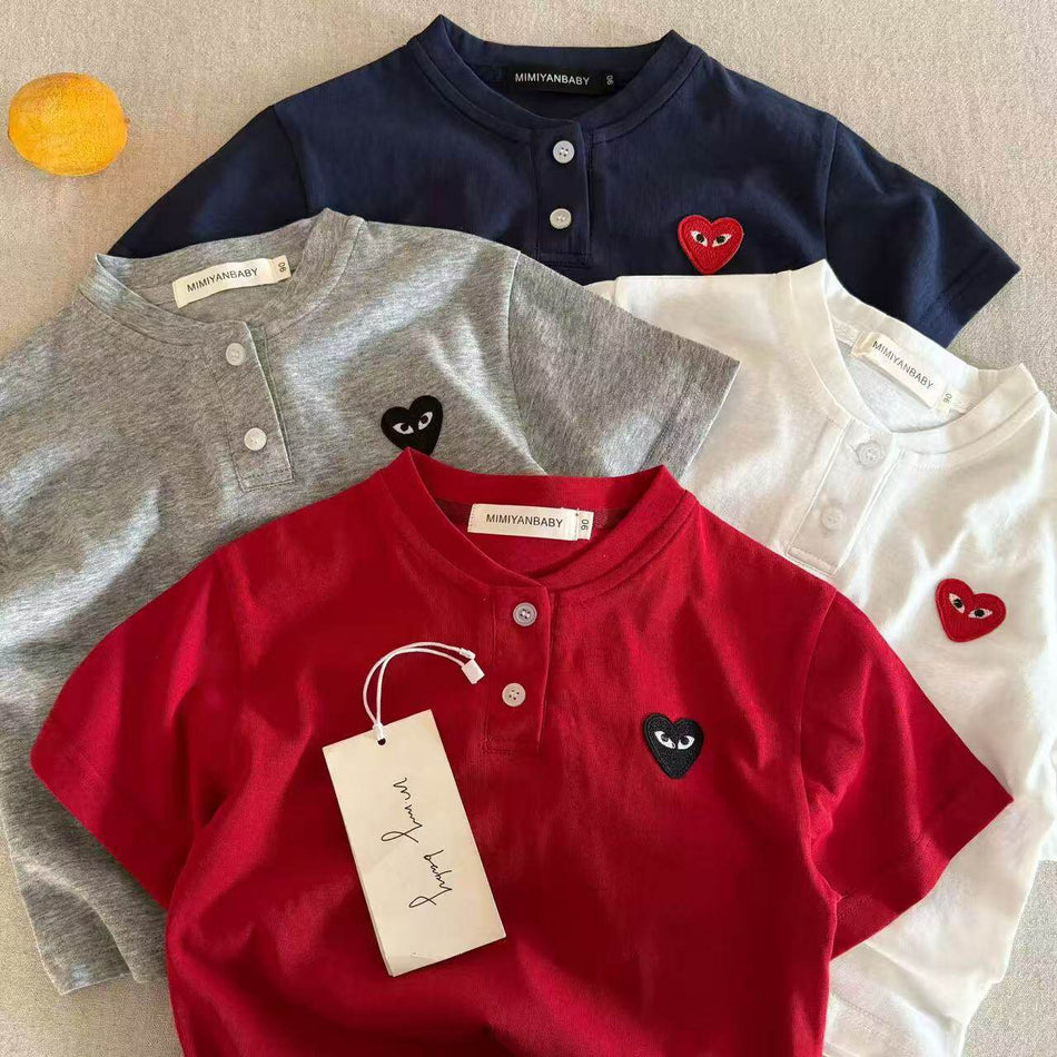 Kids Chinese Style Half-Button Cotton Summer Short Sleeve Tee