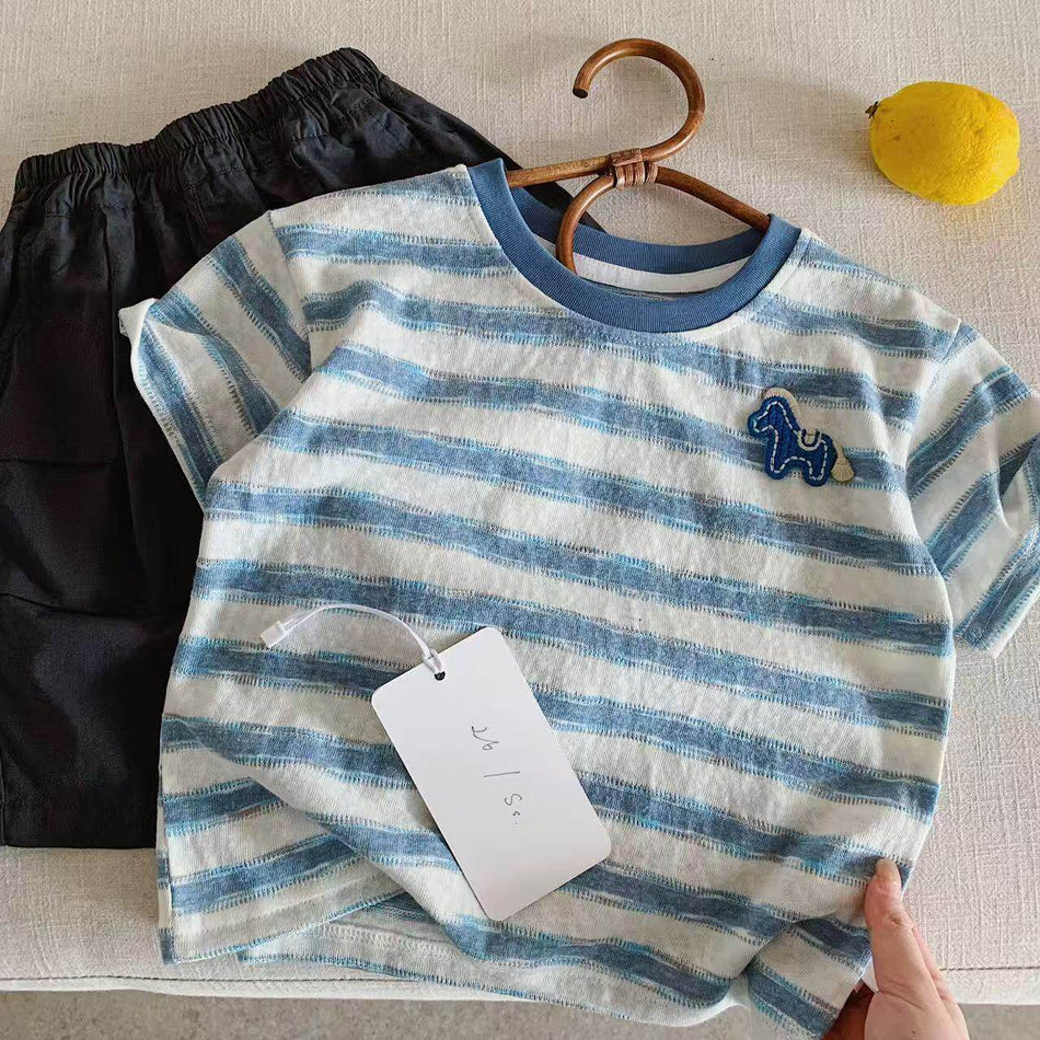 Kids Korean Style Striped Color-Block Embroidered T-Shirt