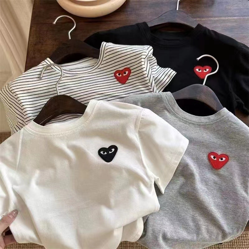 Kids Japanese Style Love Striped Cotton Short Sleeve T-Shirt