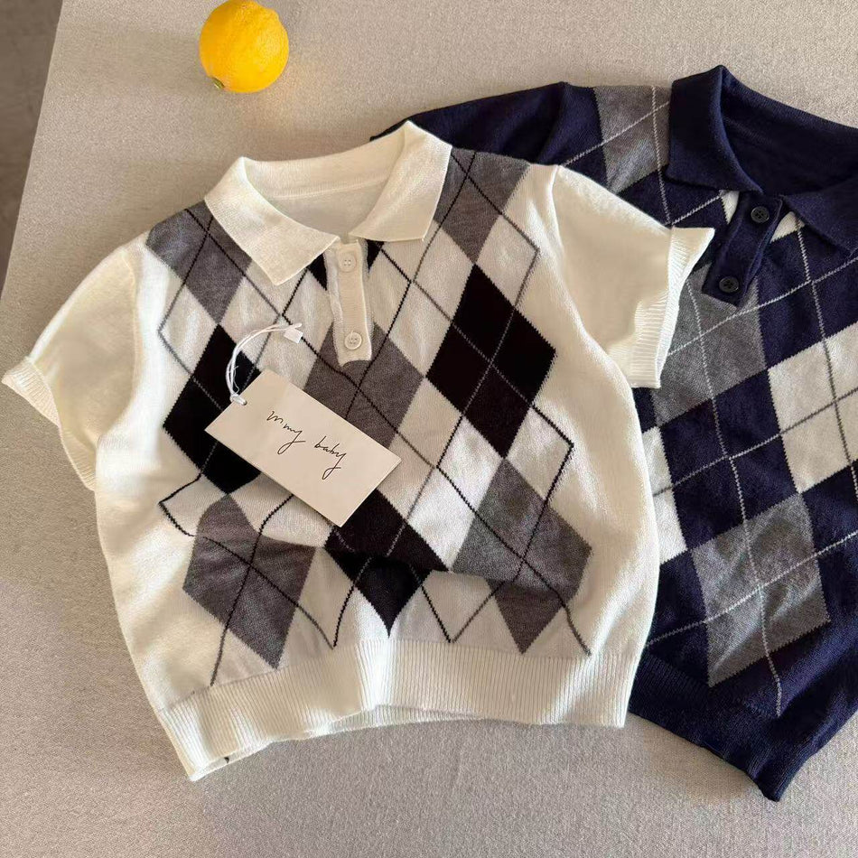 Kids Retro Plaid Knitted Polo Shirt Preppy Summer Top