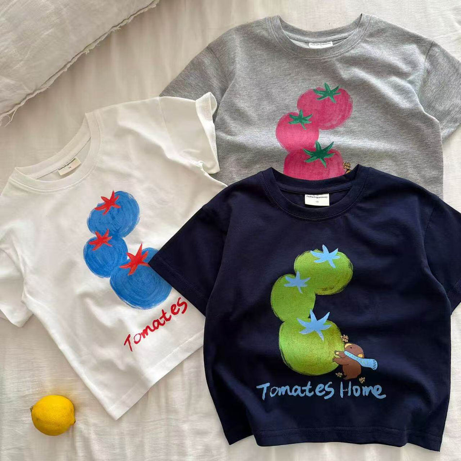 Kids Cartoon Letter Cotton Loose Fit Short Sleeve Summer Tee