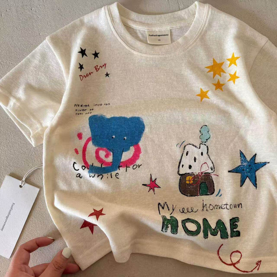 Kids Cartoon Graffiti Cotton Short Sleeve Casual Summer Tee