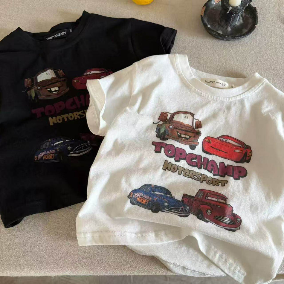 Kids American Retro Car Print Short Sleeve Casual Summer Tee