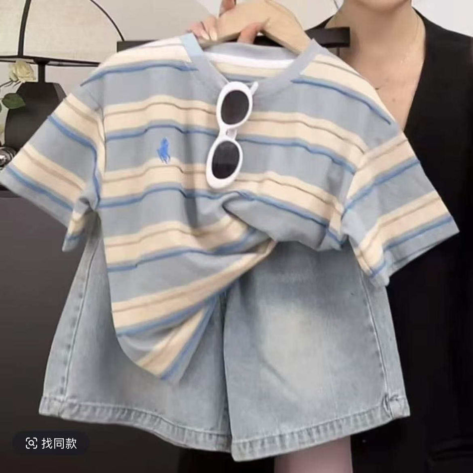 Kids Color-Block Striped Loose Fit Short Sleeve Summer Tee