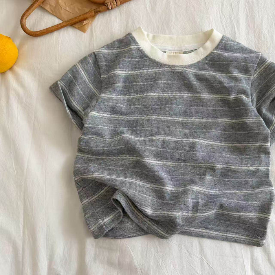 Kids Western Style Striped Cotton Short Sleeve Summer Tee