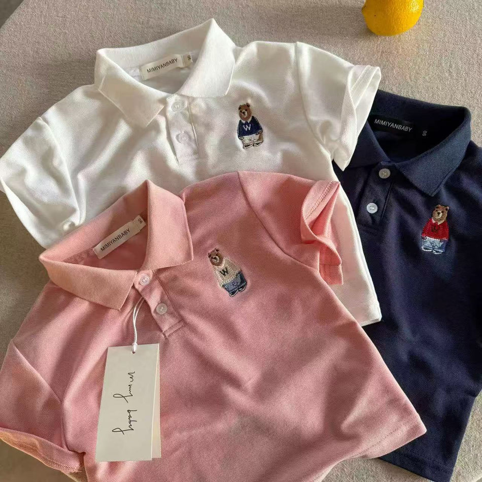 Kids Bear Embroidered Polo Shirt Short Sleeve Summer Tee