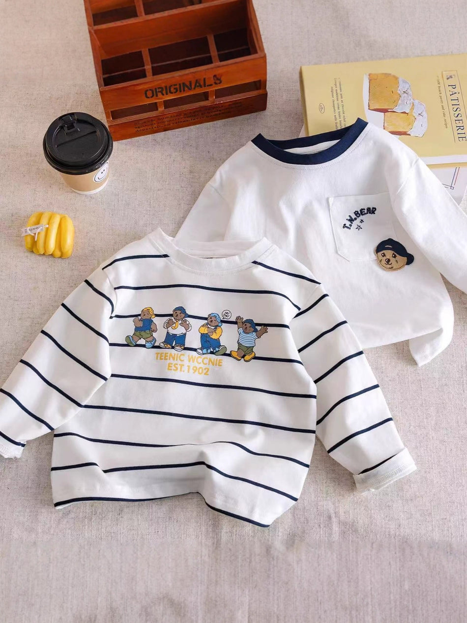 Kids Striped Cartoon Bear Long Sleeve Cotton Spring Fall Te