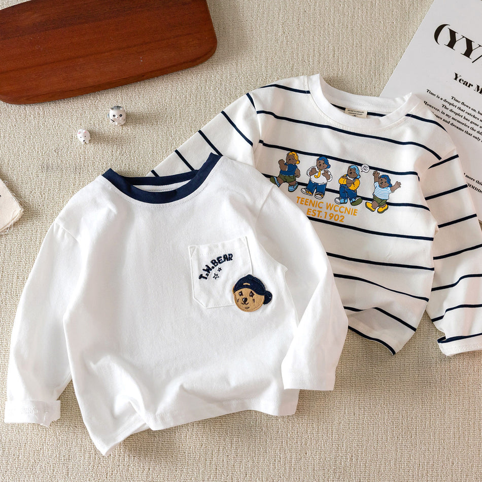 Kids Striped Cartoon Bear Long Sleeve Cotton Spring Fall Tee