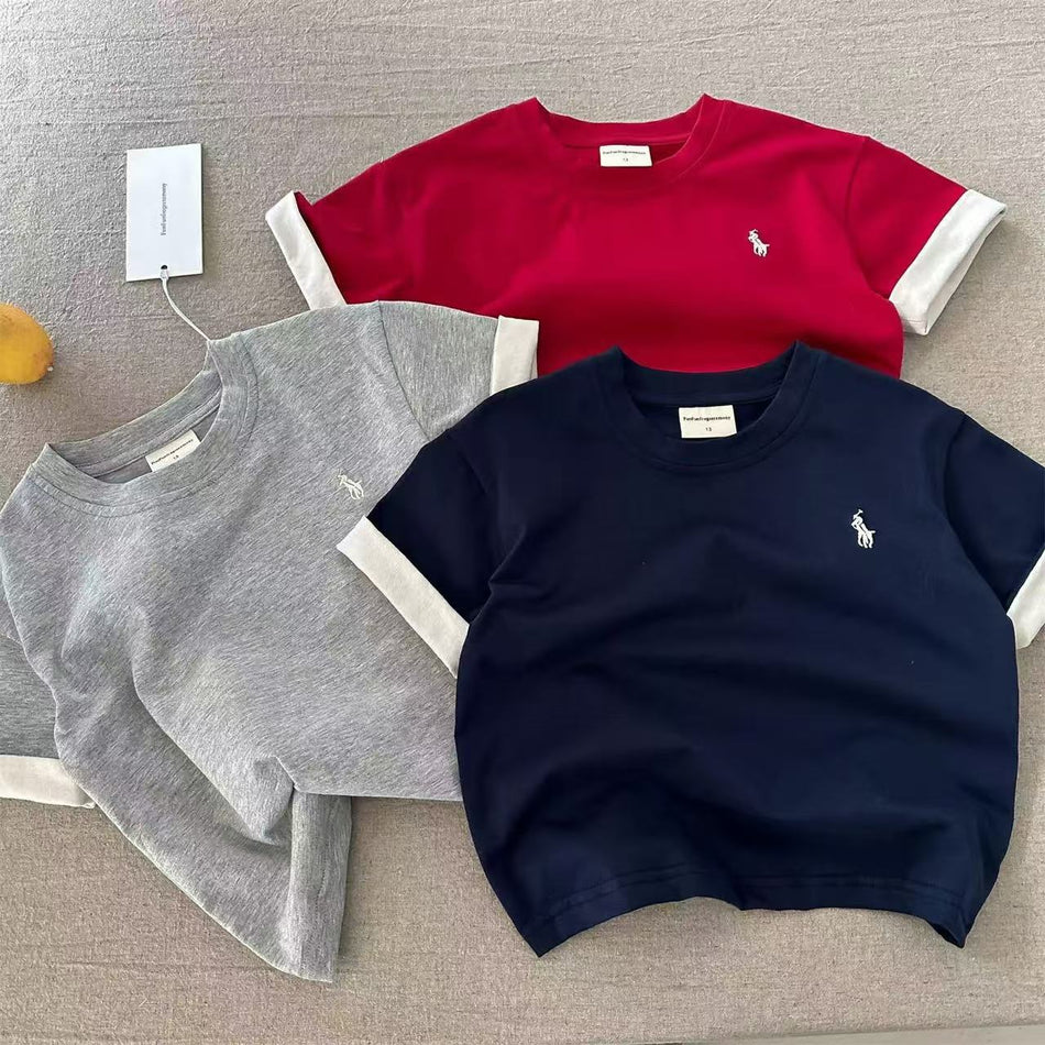 Kids Japanese Pony Label Contrast Cotton Short Sleeve Tee