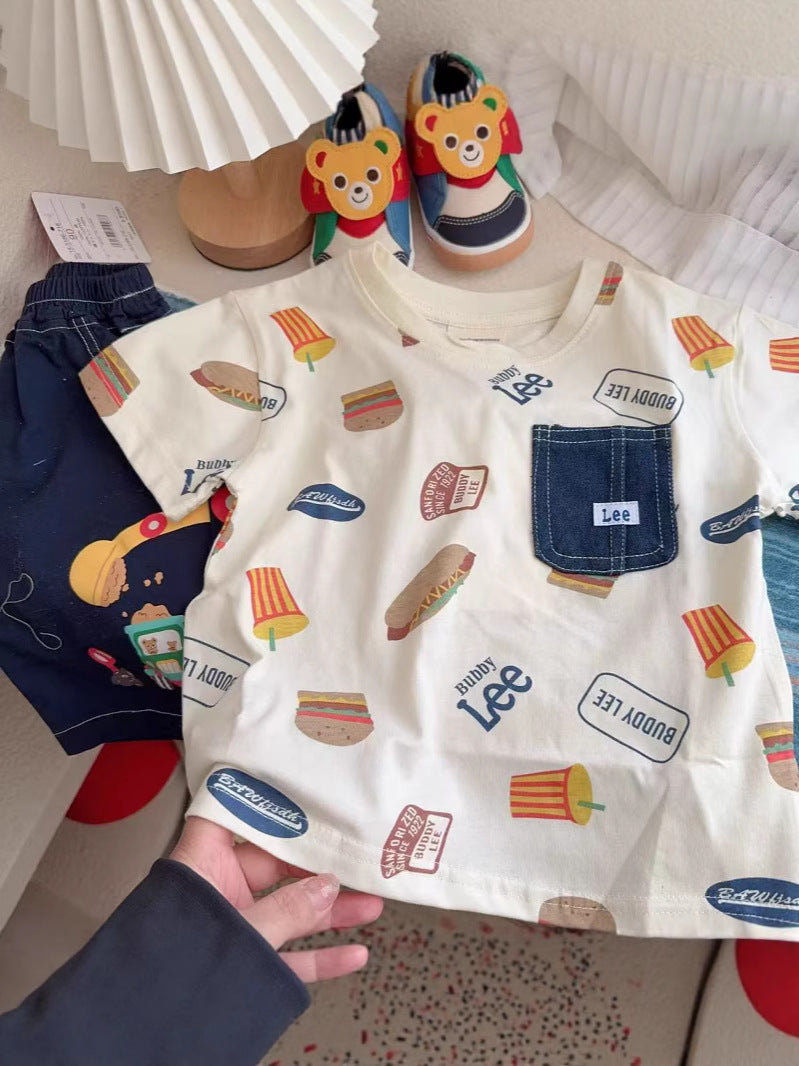 Kids Japanese Style Burger Fries Cotton Short Sleeve Summer Tee