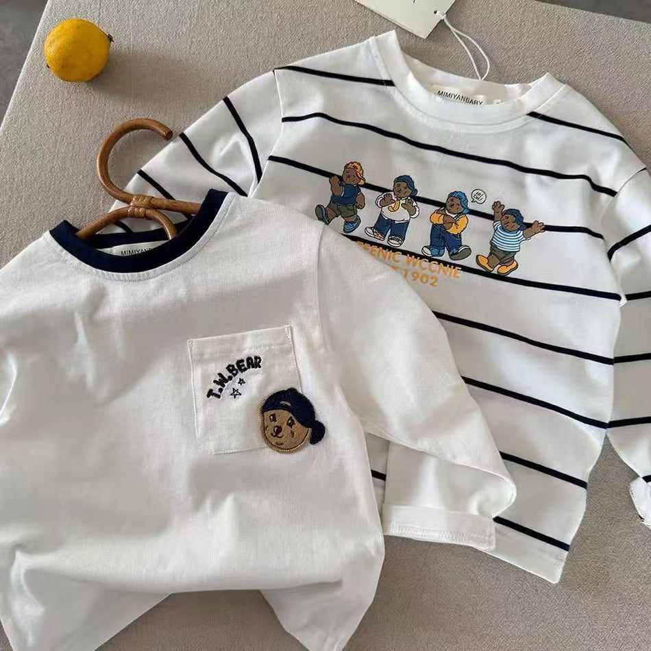 Kids Bear Pocket Striped Long Sleeve Cotton Spring Autumn Tee