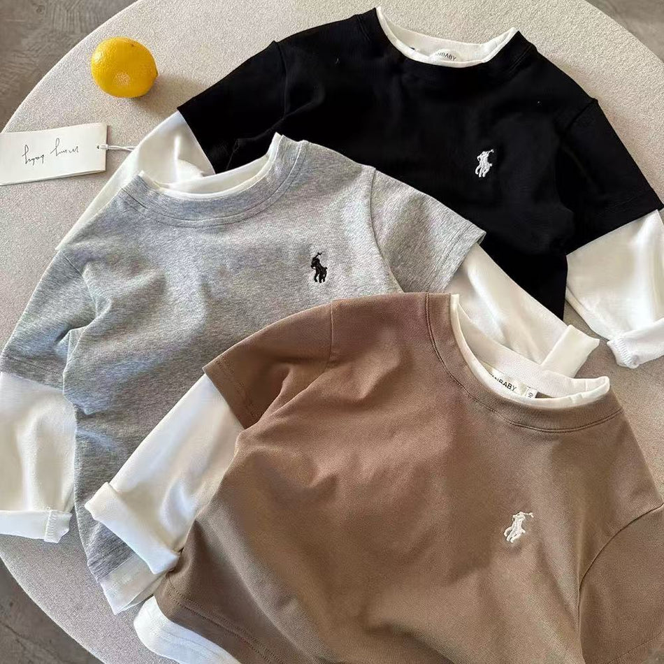Kids Japanese Style Faux Two-Piece Cotton Long Sleeve Tee