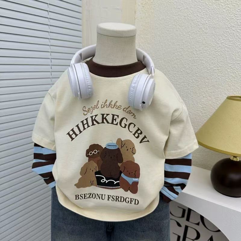 Kids Cartoon Faux Two-Piece Crewneck Long Sleeve Casual Tee