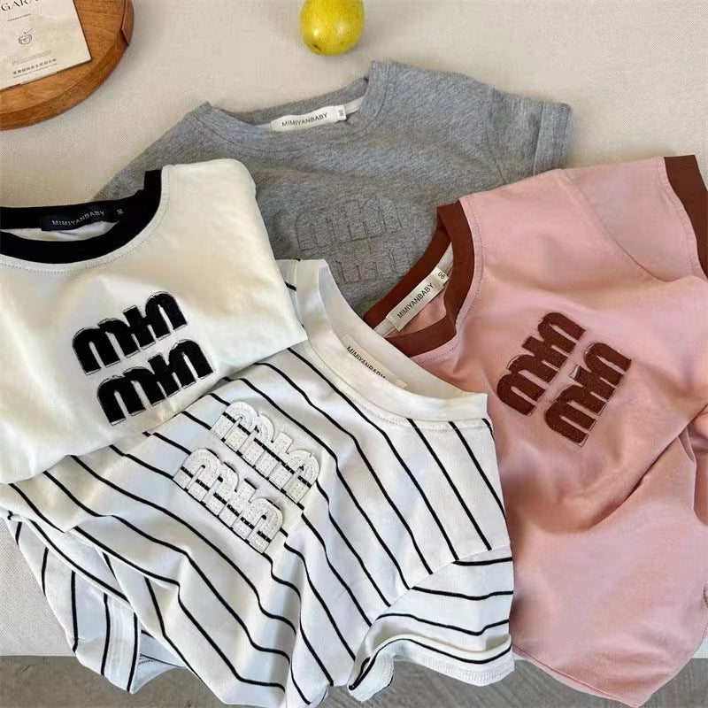 Kids Korean Style Embroidered Striped T-Shirt
