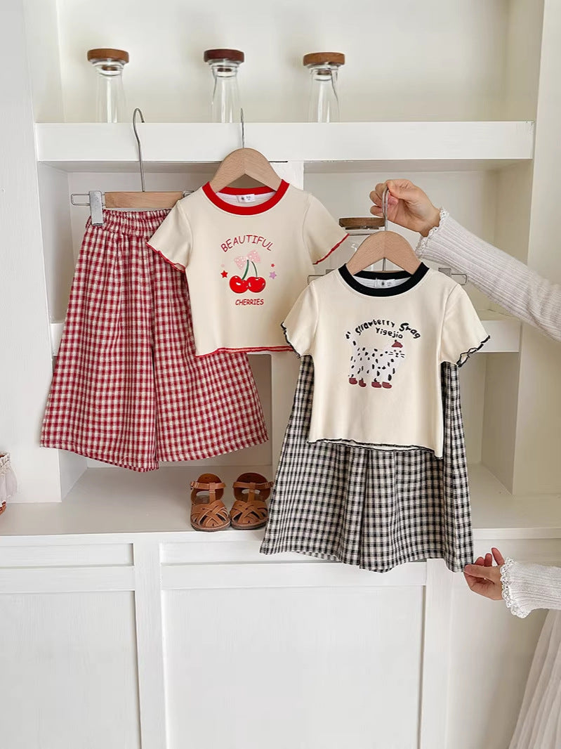 Girls Cute Cartoon T-Shirt and Plaid Skirt Set