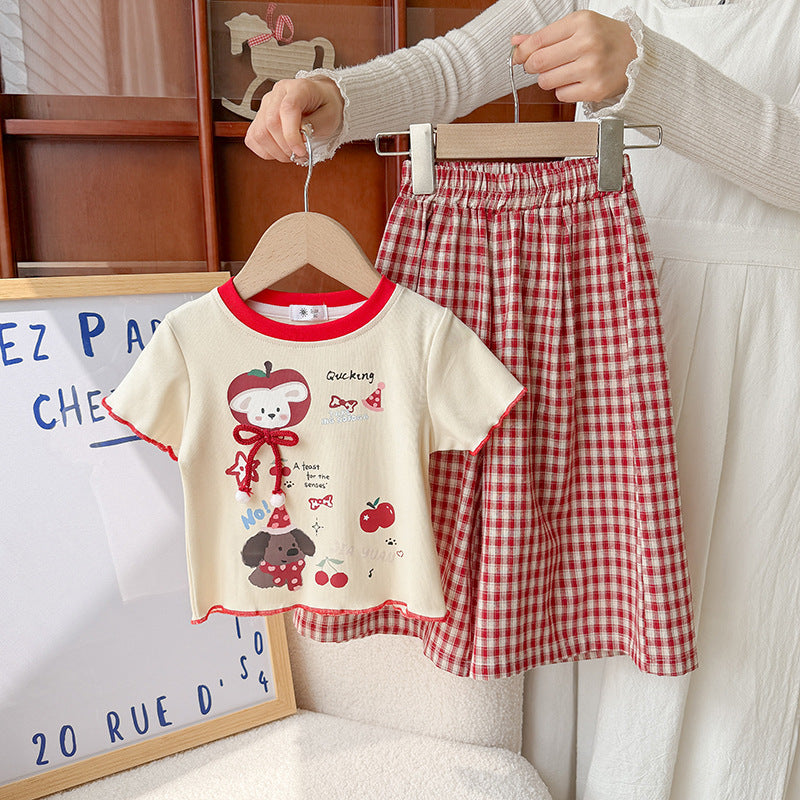 Girls Korean Style T-Shirt and Plaid Shorts Set