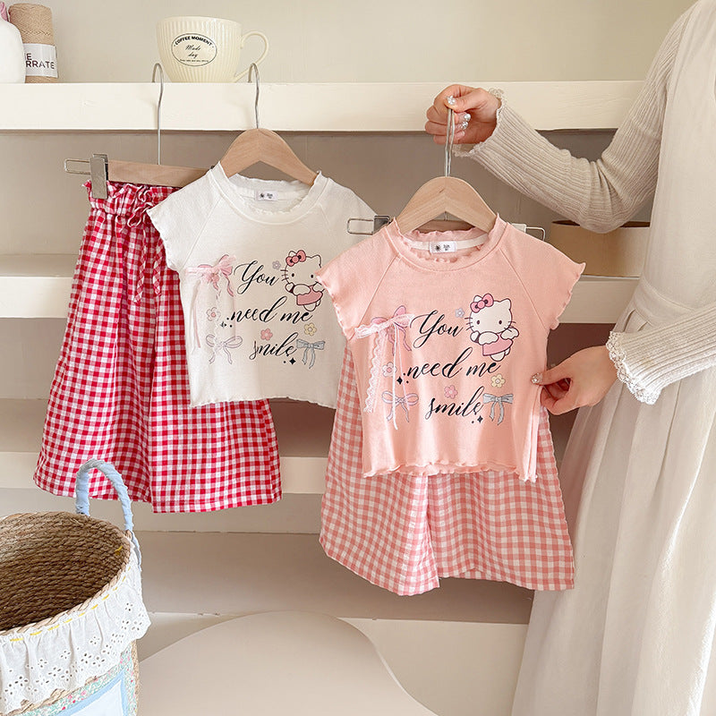 Girls Korean Style Cartoon T-Shirt and Plaid Shorts Set