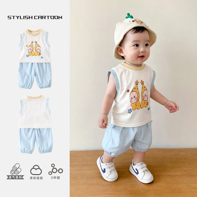 Children's Class A Pure Cotton Sleeveless Cartoon Summer Set