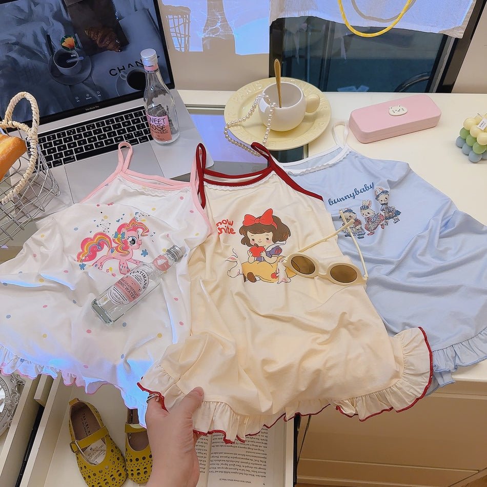 Girls Thin Tencel Princess Sling Summer Nightgown