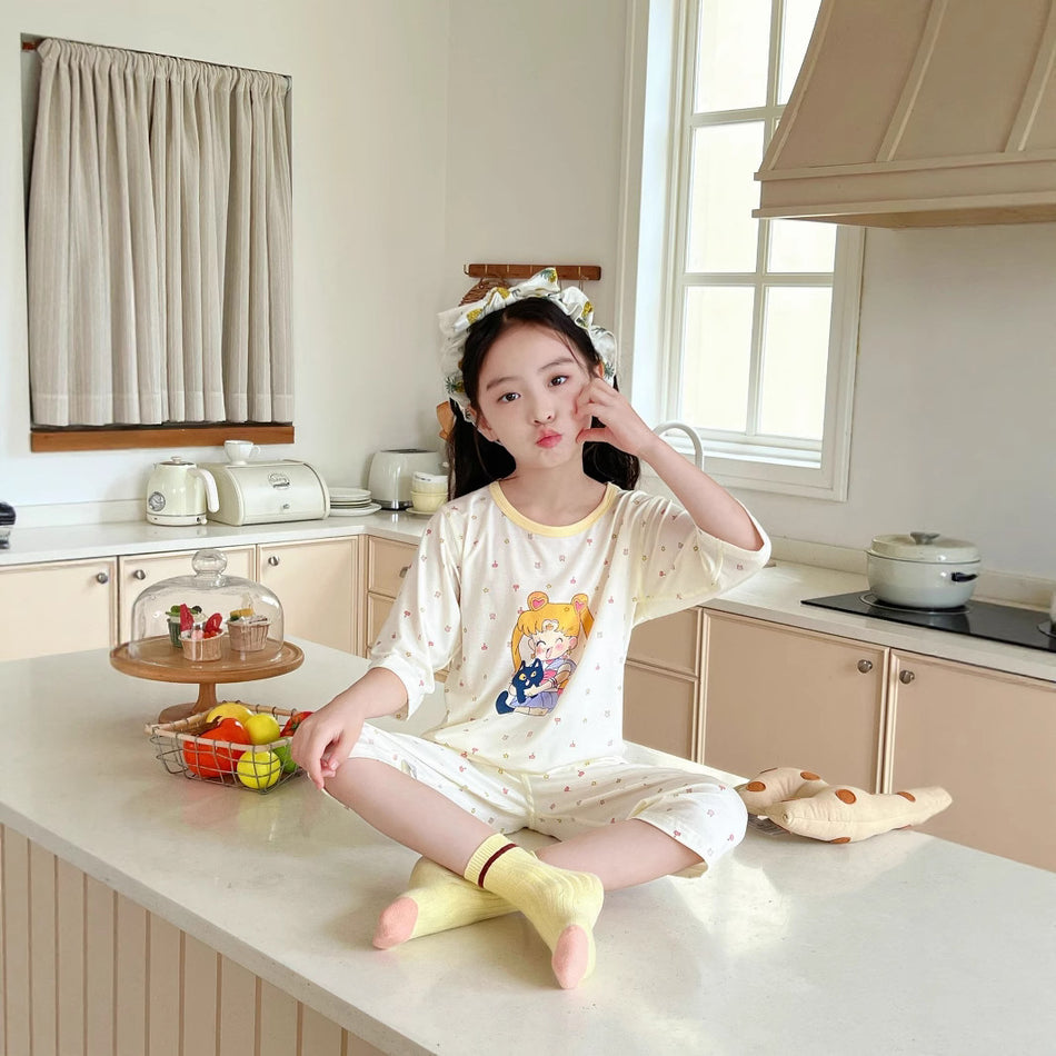 Girls Thin Yassel Summer Seven-Point Sleeve Lace Pajama Set