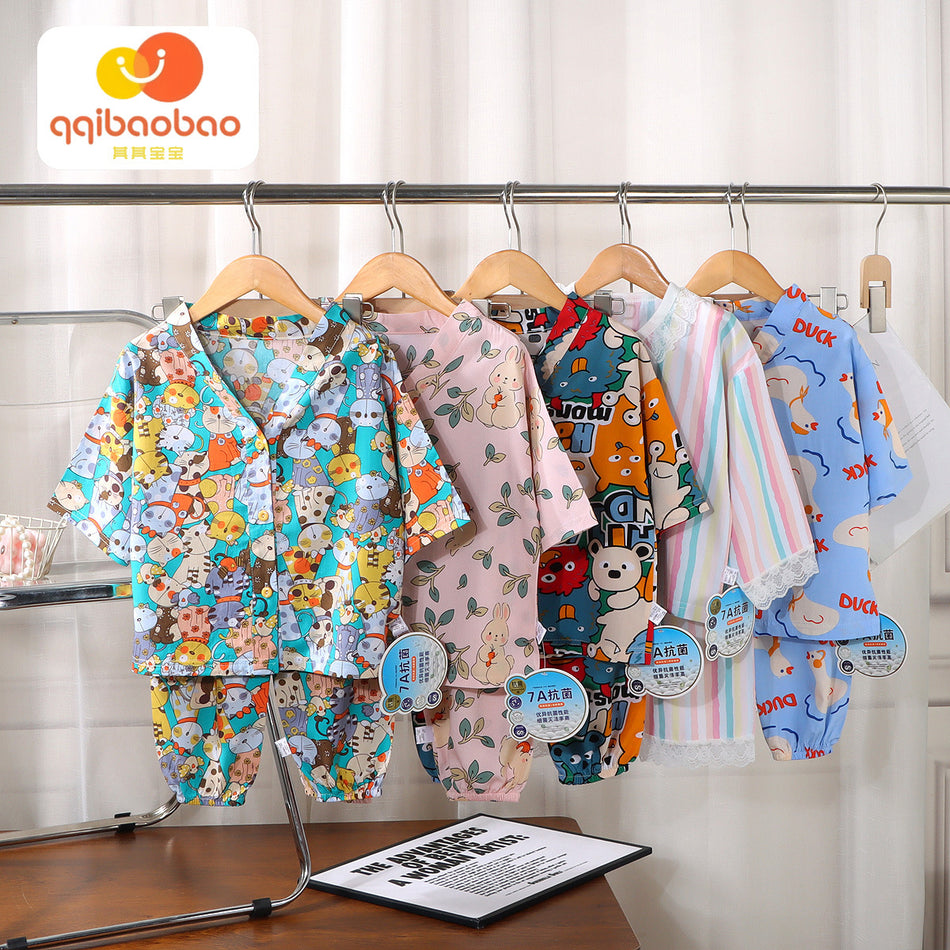 Children's Summer Thin Silk Seven-Sleeve Cardigan Pajama Set