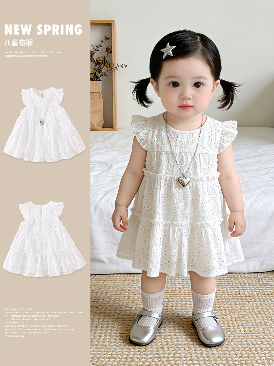 Summer Embroidered Tulle Princess Dress for Girls with Flutter Sleeves