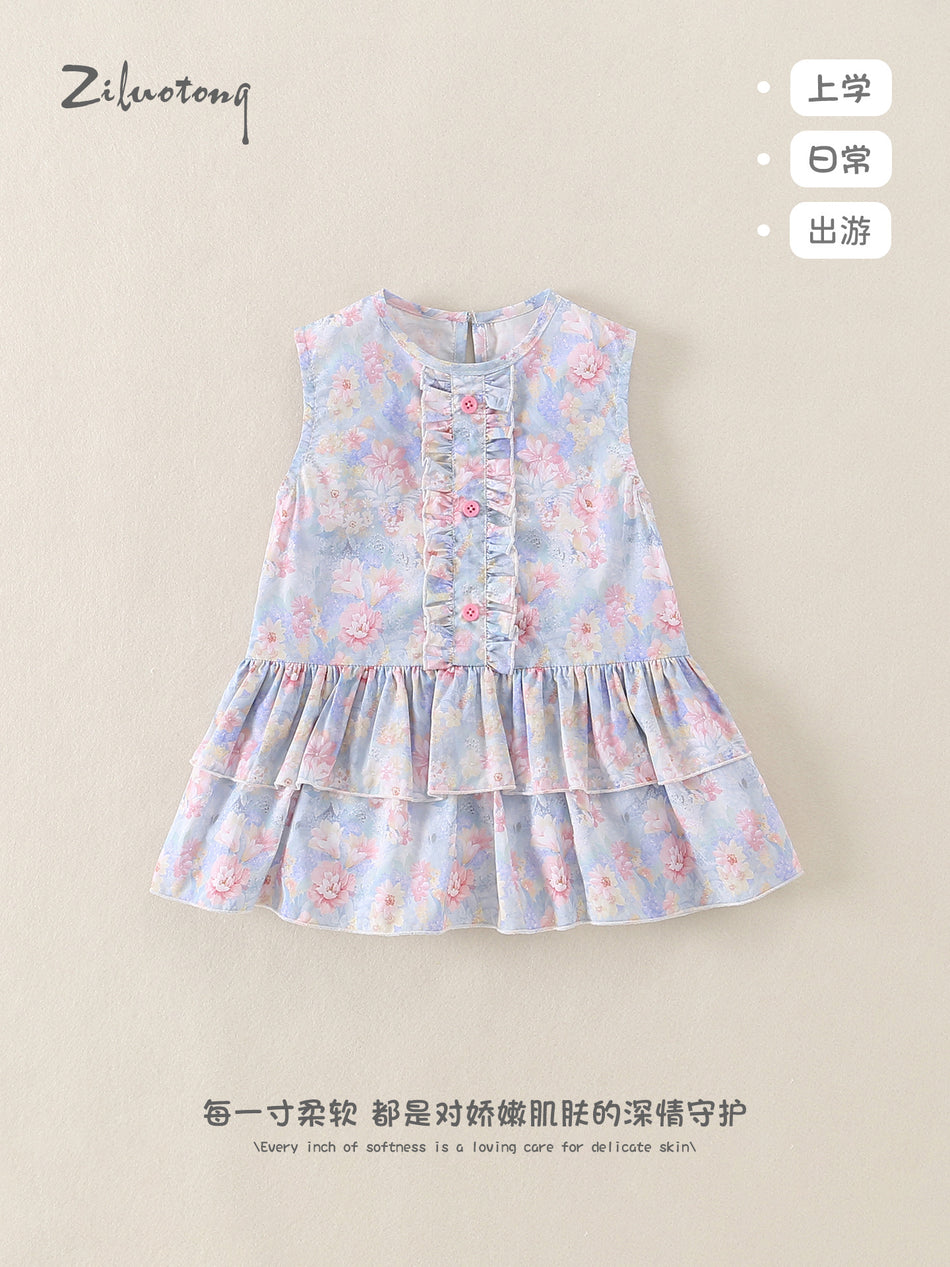 Girls’ Sleeveless Floral Cotton Doll Collar Summer Dress