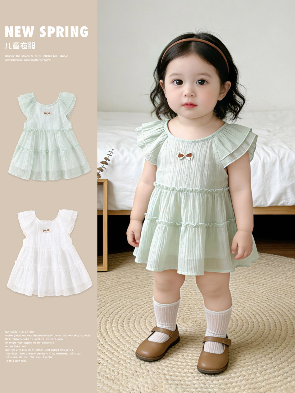 Korean Style Flying Sleeve Ruffle Cake Dress for Girls