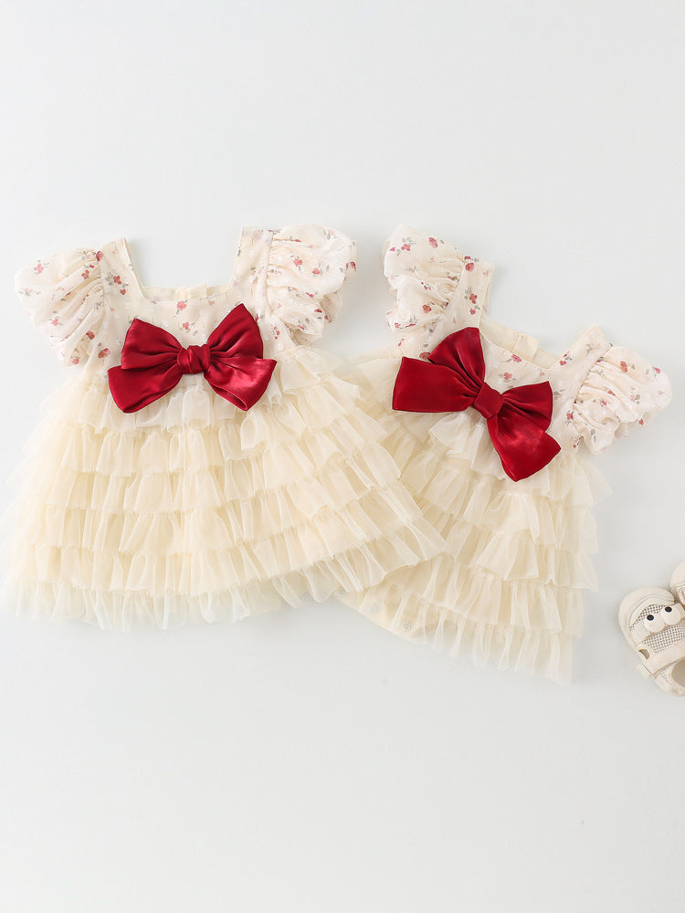 Pure Cotton Bow Tie Princess Bodysuit for Babies and Young Children
