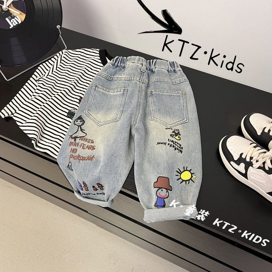 Kids Graffiti Denim Pants Loose Fit Cotton Jeans for Children
